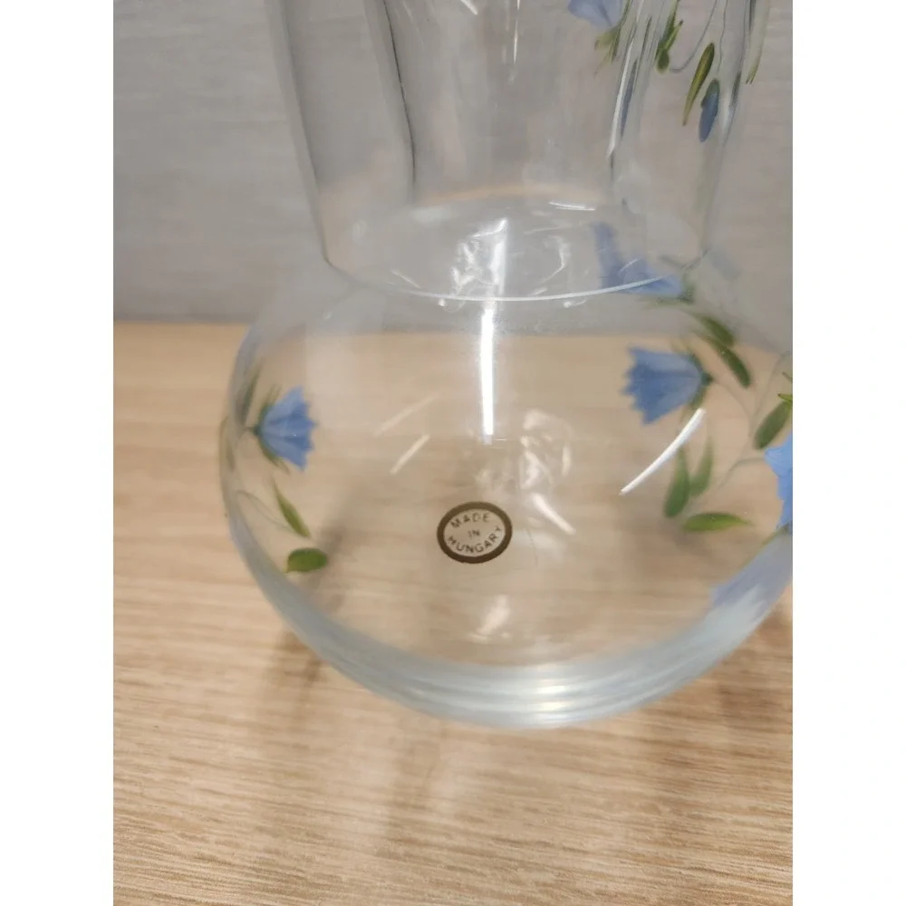 Hand Painted Blue Floral Clear Glass Tumble Up Bedside Water Carafe Made Hungary